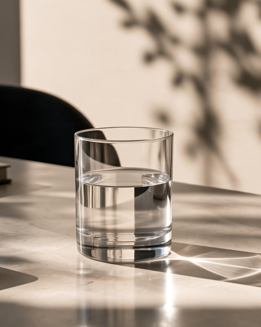 Glass of water on a stone table in soft light