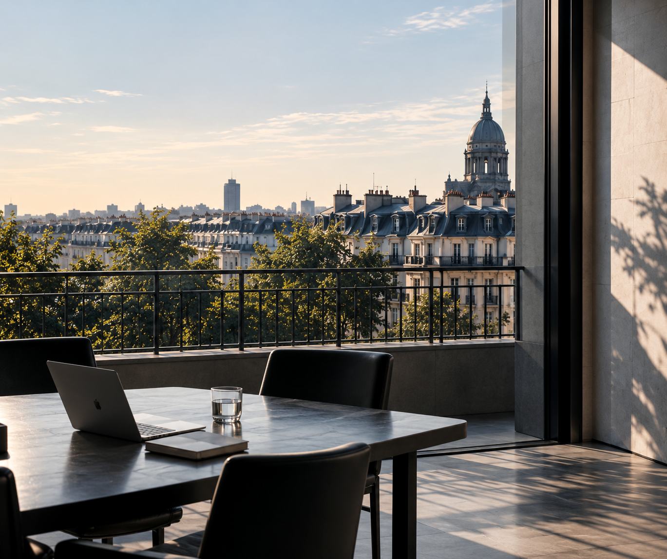Terrace table overlooking Paris rooftops and a dome