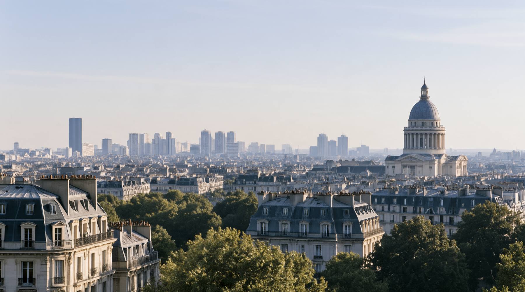 Paris rooftops with a domed monument and distant towers