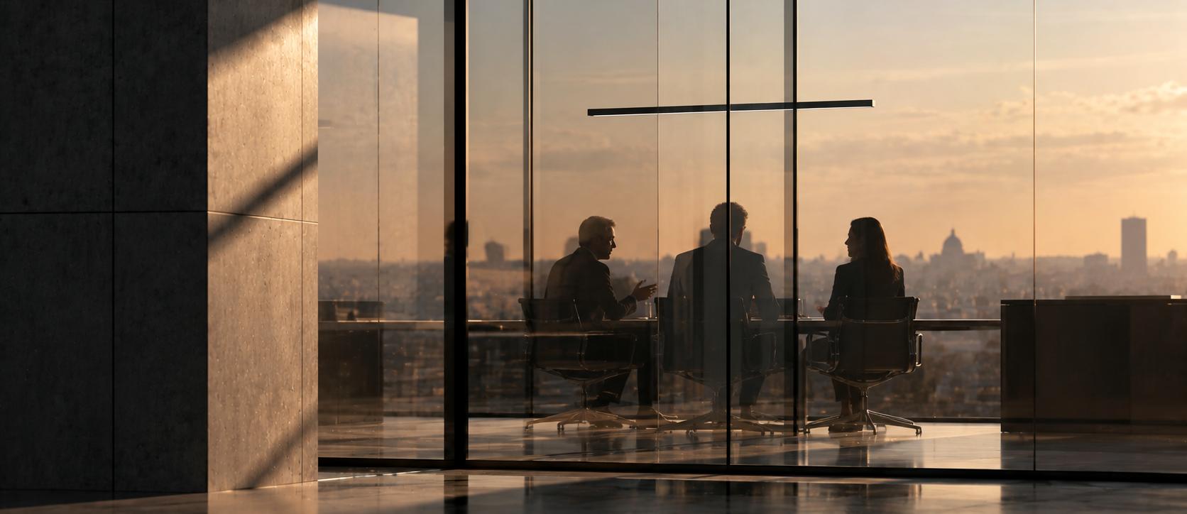 Three people in a glass-walled meeting room overlooking a city at sunset