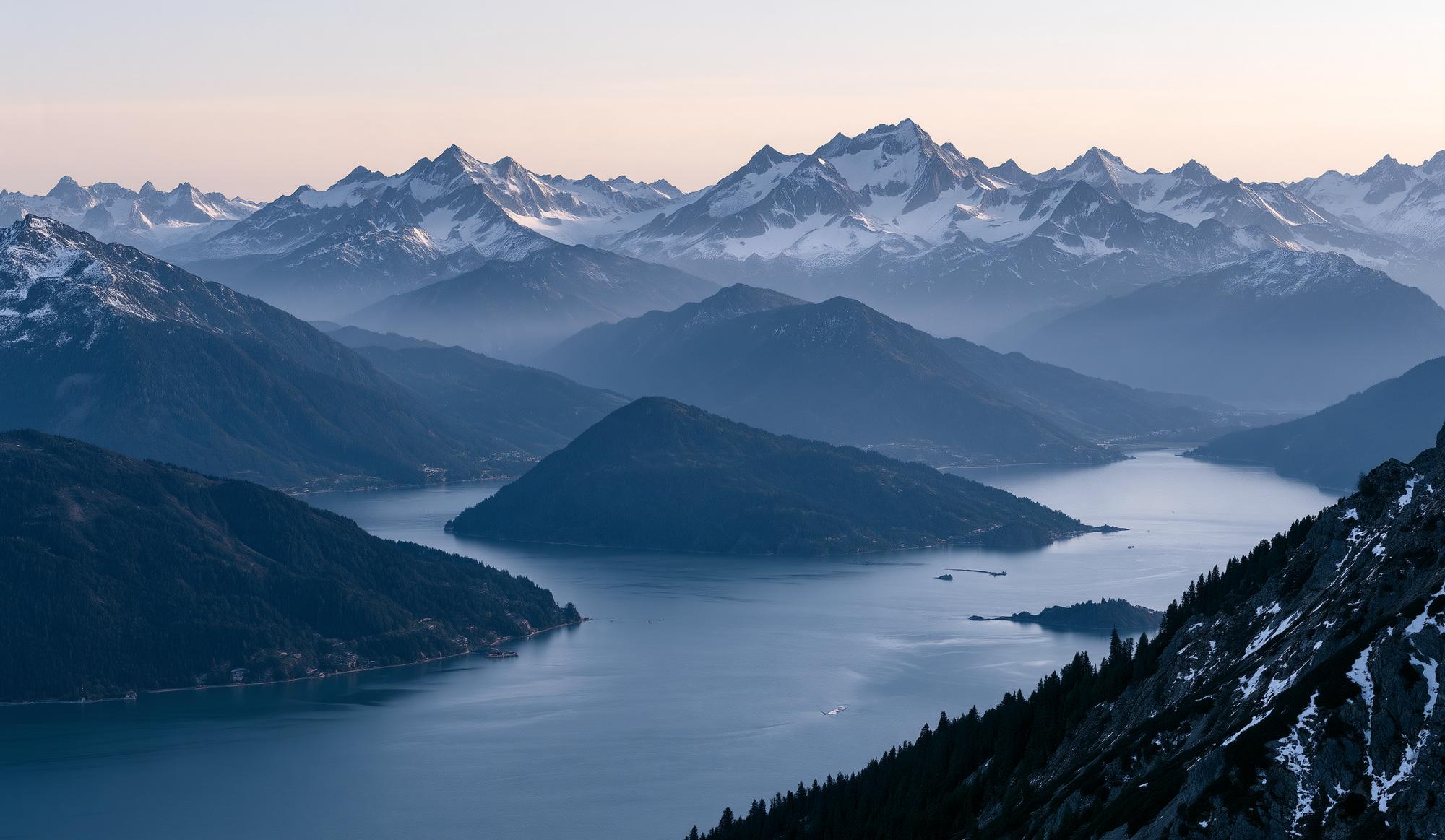 Mountain range above a lake at dusk