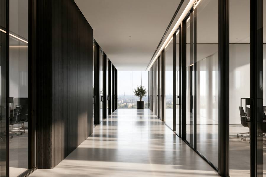 Office corridor lined with glass meeting rooms