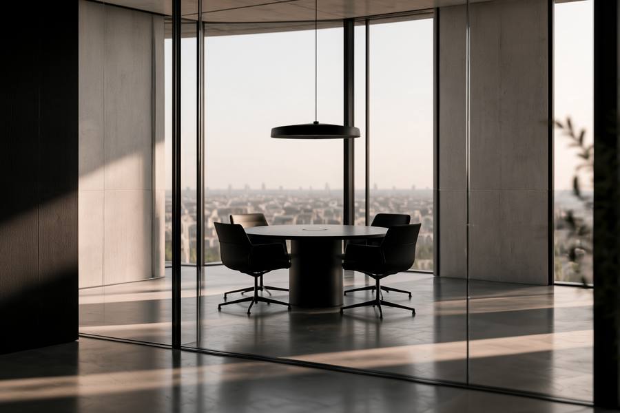 Empty meeting room with a round table overlooking a city